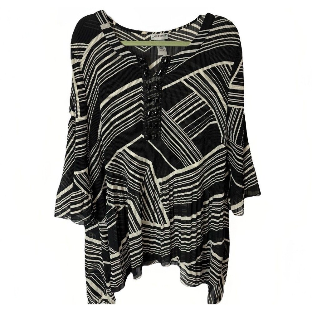 Catherines 3X 26/28W Tunic Blouse Black & White Sheer Asymmetrical Pleated Top